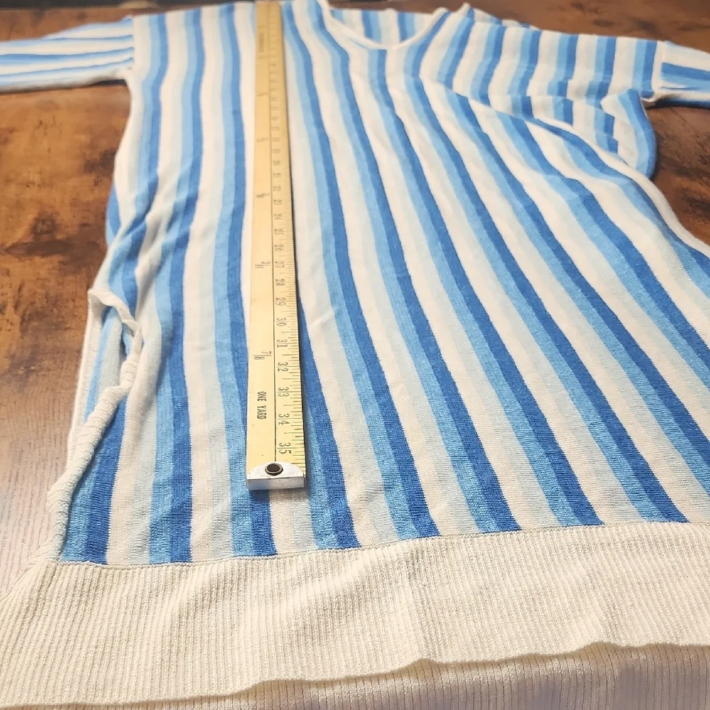 ZARA | Linen Knit Striped V-Neck Tunic Dress Swim Cover Up Blue Cream Beach | M